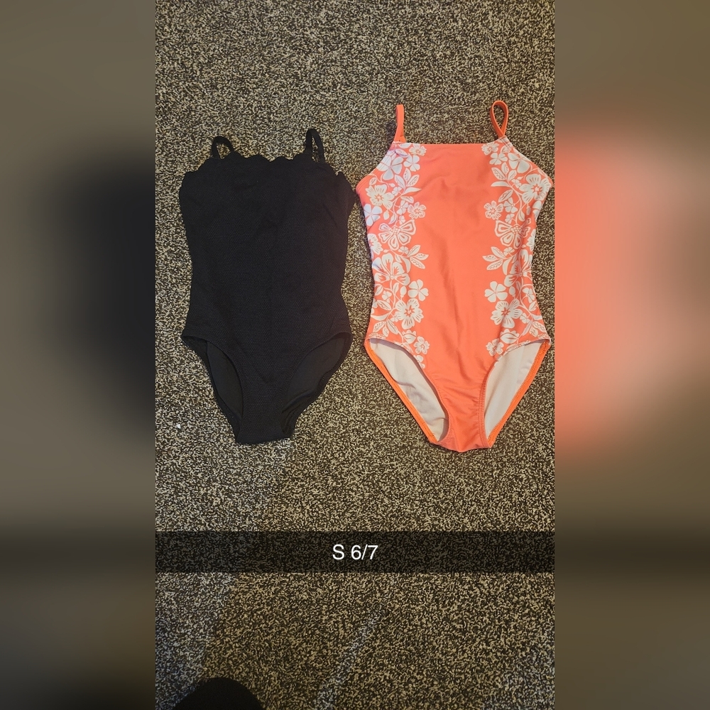 Old Navy Girls One-Piece Swimsuit - Black and Coral with White Floral